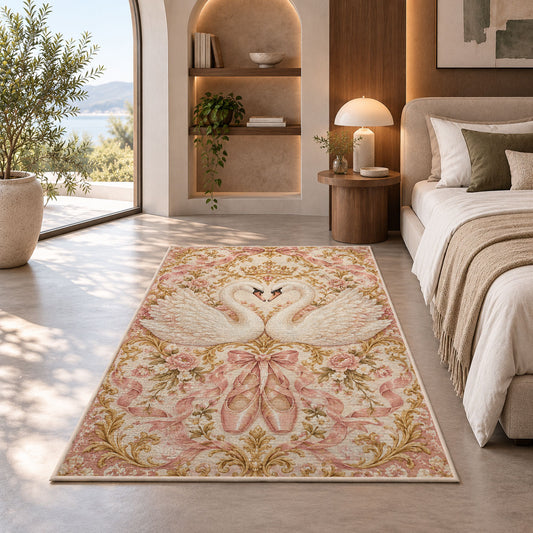 Swan heart rug in a bedroom with an arched window