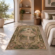 Vintage ballerina tapestry rug in a bedroom with an arched window