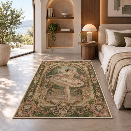 Vintage ballerina tapestry rug in a bedroom with an arched window
