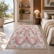 Pointe shoes harlequin rug in a bedroom with an arched window