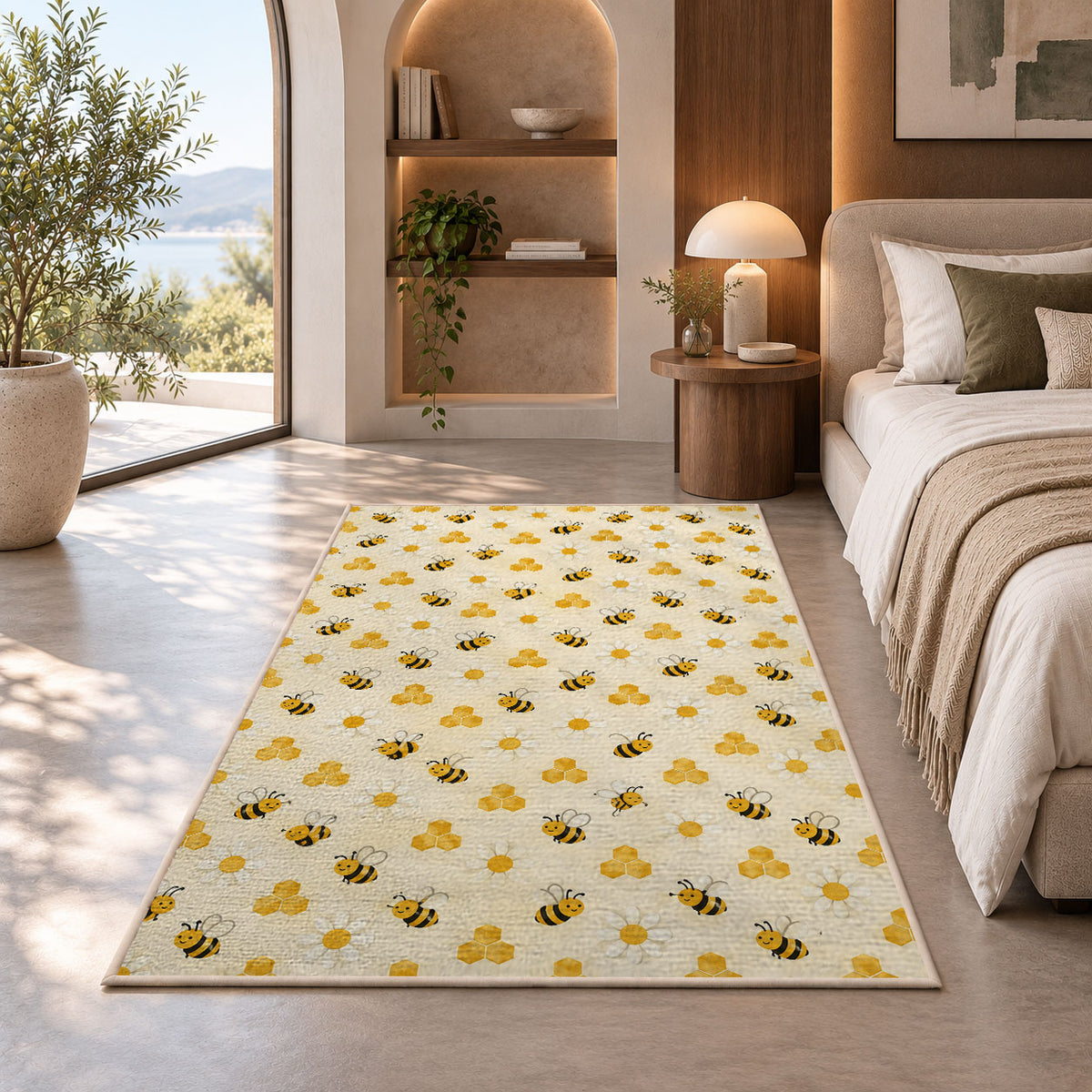 Tiny Bee Pattern Rug in a bedroom with an arched window