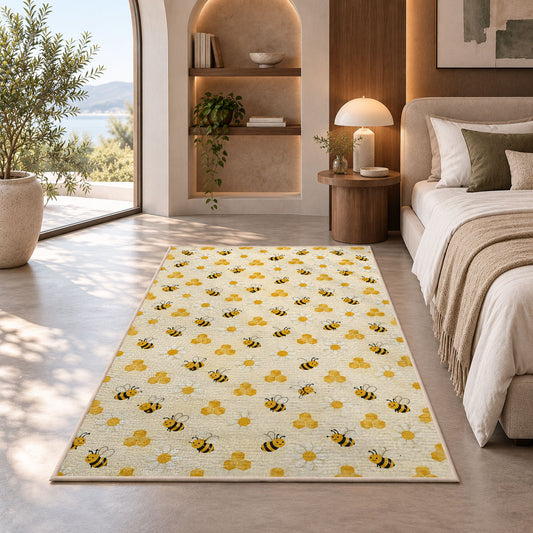 Tiny Bee Pattern Rug in a bedroom with an arched window