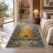 Vintage Straw Beehive Rug in a bedroom with an arched window