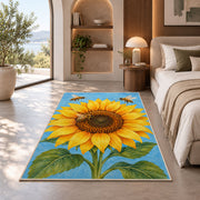Sunflower and Bees Rug in a bedroom with an arched window