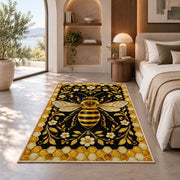 Golden Bee Honeycomb Border Rug in a bedroom with an arched window