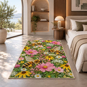 Bees in Wildflower Garden Rug in a bedroom with an arched window