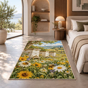 Vintage Bee Farm Rug in a bedroom with an arched window