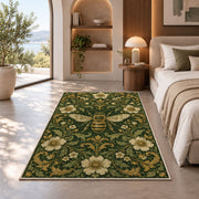 Vintage Engraved Bee Rug in a bedroom with an arched window