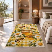 Gingham Honey Jar Bee Rug in a bedroom with an arched window