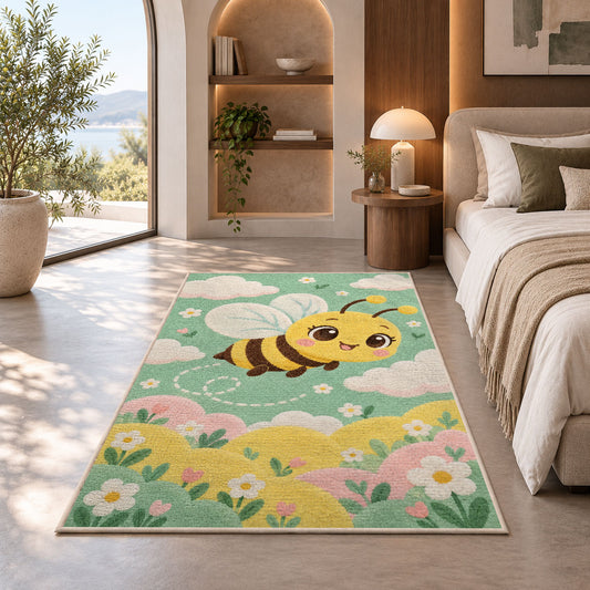 Cute Baby Bee Nursery Rug in a bedroom with an arched window