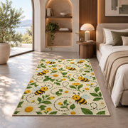 Happy Bees Flight Path Rug in a bedroom with an arched window
