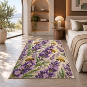 Lavender and Bees Rug in a bedroom with an arched window