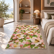Apple Blossom Bees Rug in a bedroom with an arched window