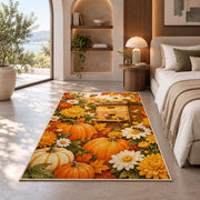 Autumn Beehive Pumpkin Rug in a bedroom with an arched window
