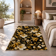 Golden Bees on Black Rug in a bedroom with an arched window