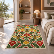 Scandinavian Folk Art Bee Rug in a bedroom with an arched window
