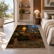 Rainy Day Reading Nook rug in a bedroom with an arched window