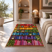 Rainbow Bookshelf rug in a bedroom with an arched window