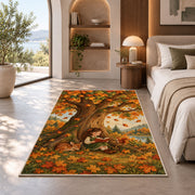Girl Reading Under Autumn Tree rug in a bedroom with an arched window