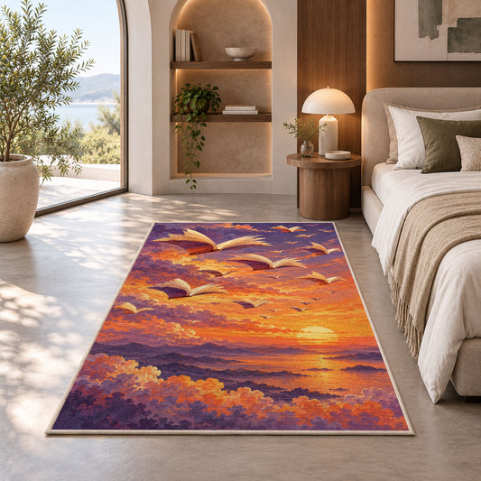 Books Flying at Sunset rug in a bedroom with an arched window