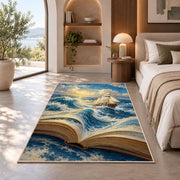 Book Pages Become the Sea rug in a bedroom with an arched window