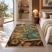 Fantasy Map in a Book rug in a bedroom with an arched window