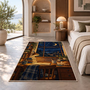 Starry Night Study Desk rug in a bedroom with an arched window