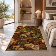 Dragon Guarding Books rug in a bedroom with an arched window