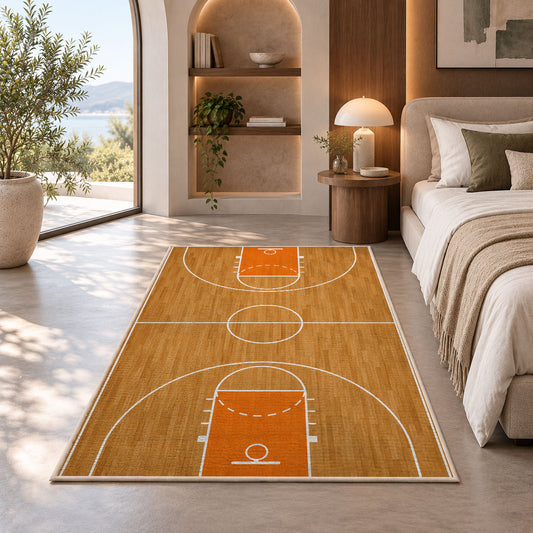 Basketball Court Top View rug in a bedroom with an arched window