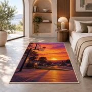 Driveway Hoop at Sunset rug in a bedroom with an arched window