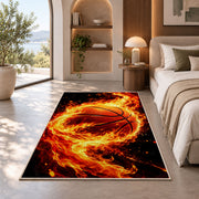 Basketball on Fire rug in a bedroom with an arched window
