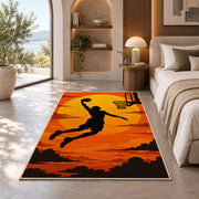 Slam Dunk Sunset Silhouette rug in a bedroom with an arched window