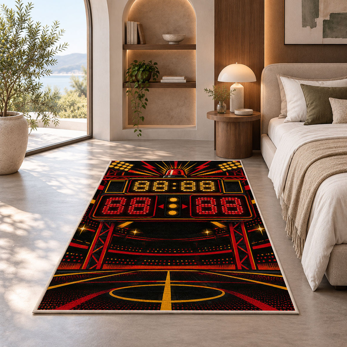 Retro Scoreboard rug in a bedroom with an arched window