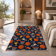 Basketball Icons Pattern rug in a bedroom with an arched window