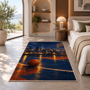 Rooftop Court City Night rug in a bedroom with an arched window