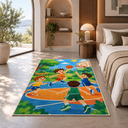 Kids Playing Basketball rug in a bedroom with an arched window