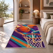 Retro 80s Hoops Poster rug in a bedroom with an arched window