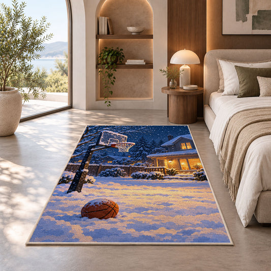 Snowy Backyard Hoop rug in a bedroom with an arched window