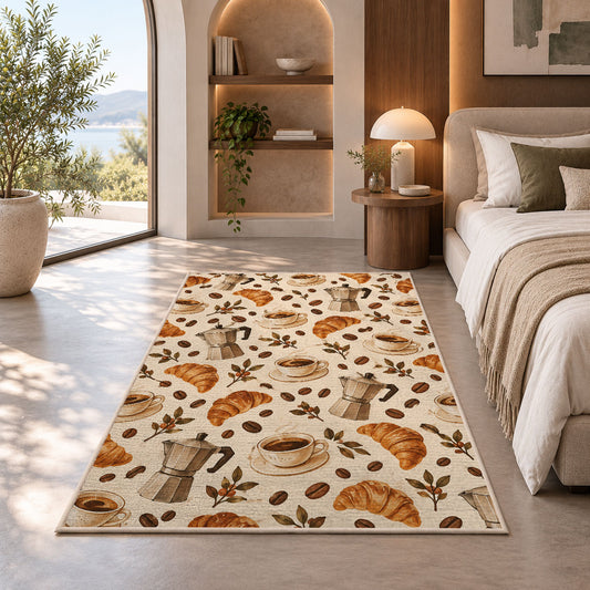 Coffee Shop Pattern rug in a bedroom with an arched window