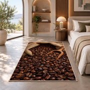 Burlap Sack of Coffee Beans rug in a bedroom with an arched window