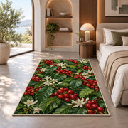 Coffee Cherry Branches rug in a bedroom with an arched window