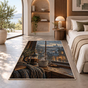 French Press Rainy Window rug in a bedroom with an arched window