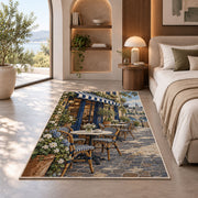 Parisian Sidewalk Cafe rug in a bedroom with an arched window