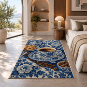 Blue Willow Coffee Cup rug in a bedroom with an arched window