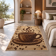 Coffee Bean Cup Art rug in a bedroom with an arched window