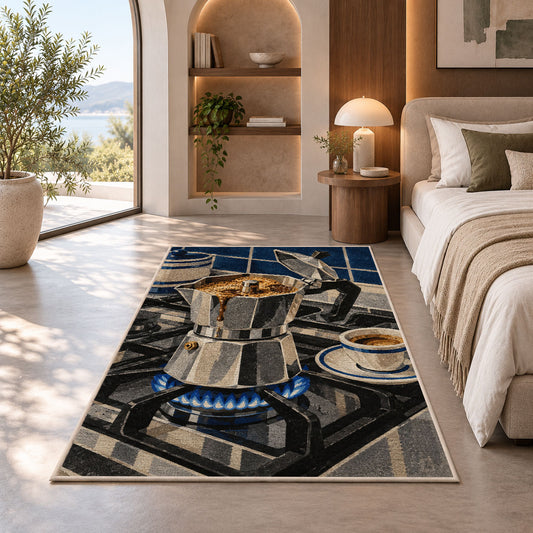 Moka Pot on the Stove rug in a bedroom with an arched window