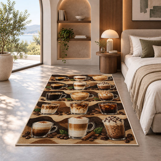Coffee Drinks Guide rug in a bedroom with an arched window