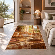 Cat and Morning Coffee rug in a bedroom with an arched window