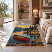 Red Canoe and Tent at Sunrise Lake rug in a bedroom with an arched window