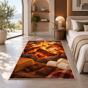Campfire S'mores rug in a bedroom with an arched window